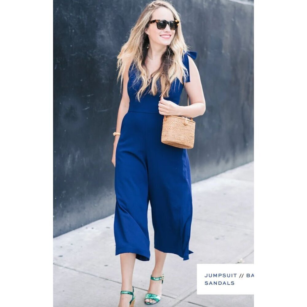 Amanda Uprichard Iris Jumpsuit Wide Leg Bow Tie Shoulders Blue Size P or XS